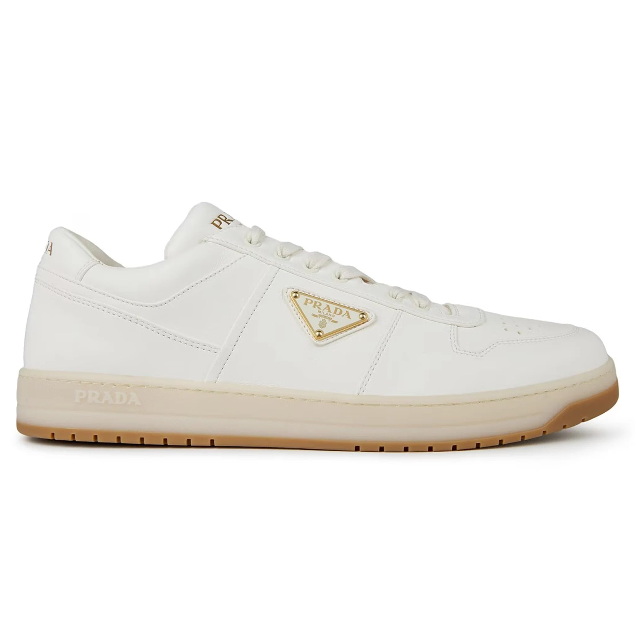 Side view of Prada Downtown Leather Low Top White Beige Sneaker